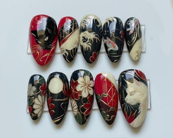 Handmade Oriental Dragon Press On Nails | White Cat, Moon & Red Floral Design | Long Coffin Nails For Luxury Japanese Vibes