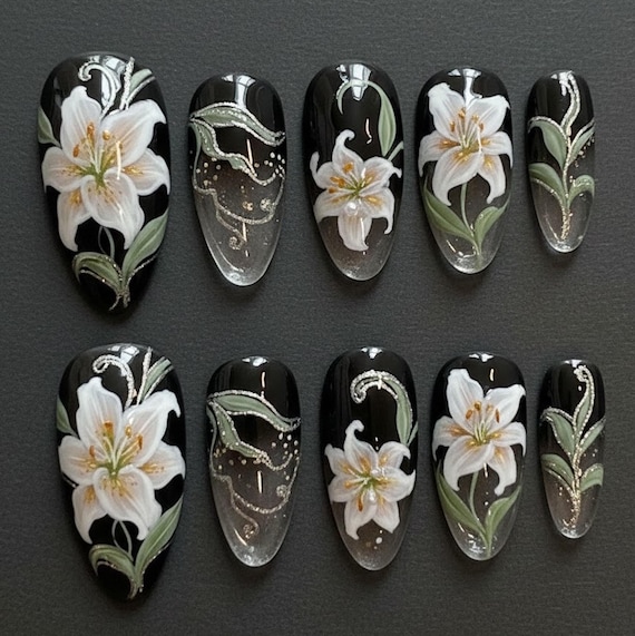 Handmade Black Floral Press On Nails | White Lily Flower Nail Art | Elegant Luxury Nails