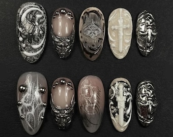 Handmade Gothic Armor Press On Nails | 3D Swords, Metal Charms & Lace Motifs | Long Almond Nails For Dark Medieval Vibes