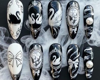 Swan and Floral Nail Art, Black and White Press On Nails, Luxury Pearl Nail Design, Elegant Handmade Nails, Vintage Party Nails