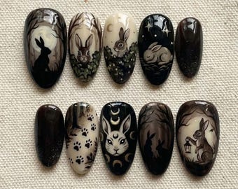 Gothic Bunny Drücken Sie die Nägel, Dark Forest Nagelkunst, Mond und Sterne Nageldesign, Handbemalte Kaninchen Nägel, Dark Fantasy Nagelset