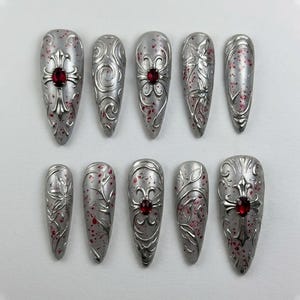 Handmade Gothic Silver Press On Nails | 3D Cross & Ruby Gem Art | Dark Chrome Almond Nail Set