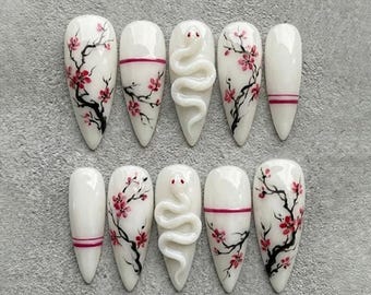 Floral and Snake Press On Nails: Cherry Blossom Branches and Whimsical Snake Design with Soft Pink Details