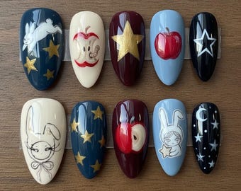 Wunderliche Märchenbuch Presse auf den Nägeln: Häschen-Sternchen Mond Nail Art, Apfel Märchen Design, handgefertigte ästhetische Presse auf den Nägeln
