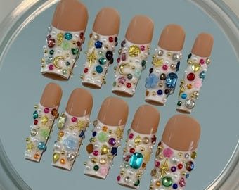 Handmade Luxury Gemstone Press On Nails | Pearls, Gold Charms, Rainbow Rhinestones & 3D Details | Long Square Nails For Glam Elegant Vibes