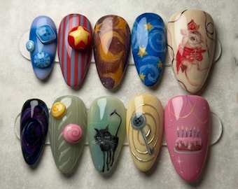 Handmade Coraline Inspired Press On Nails | Button Eyes, Black Cat & Star Motifs | Long Almond Nails For Whimsical Fantasy Vibes