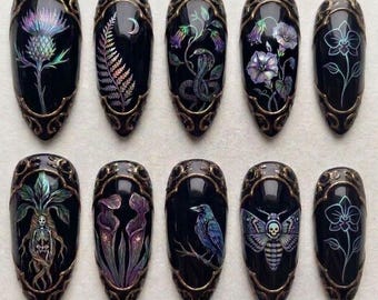Gothic Botanical Press On Nails, Dark Witchy Nails with Snake Crow Moth, Handmade Black Nature Nails, Dark Academia Luxury Nails