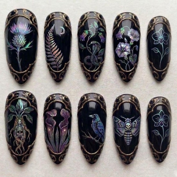 Gothic Botanical Press On Nails, Dark Witchy Nails with Snake Crow Moth, Handmade Black Nature Nails, Dark Academia Luxury Nails