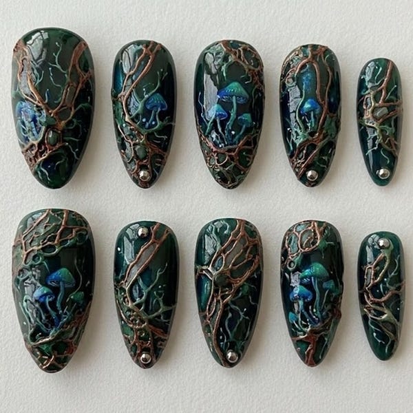Fantasy Forest Press On Nails, Dark Green Mushroom Nail Art, Enchanted Woodland Nails, Handmade Fake Nails, Fairycore Aesthetic Nails