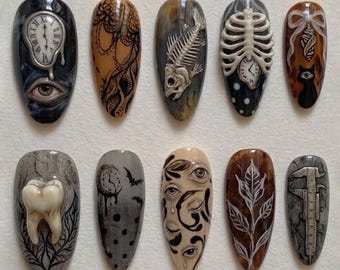 Handmade Dark Surrealism Press On Nails | 3D Skull, Clock & Abstract Face Art | Luxury Neutral Gothic Almond Set