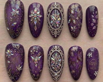 Handmade Galaxy Crystal Press On Nails | Purple Fairy Luxury Nails | 3D Rhinestone Gothic Nail Set