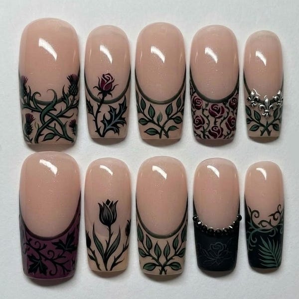 Dark Floral Press On Nails Gothic Botanical Nails Vintage Rose Nail Art Handmade Reusable Nails