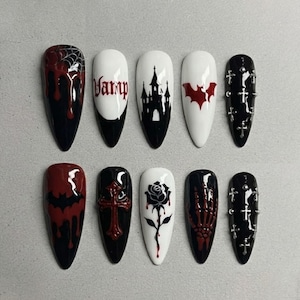 Handmade Gothic MCR Press On Nails | Vampire Fangs, Cross Art & Red Heart Details | Long Stiletto Nails For Emo Dark Vibes