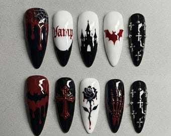 Handmade Gothic MCR Press On Nails | Vampire Fangs, Cross Art & Red Heart Details | Long Stiletto Nails For Emo Dark Vibes