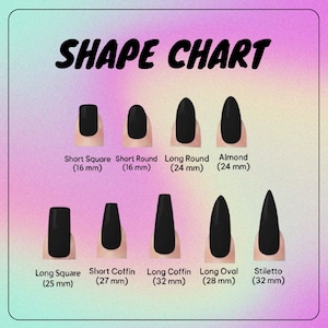 May include: A nail shape chart with the title "SHAPE CHART" in black text. The chart displays eight different nail shapes: Short Square, Short Round, Long Round, Almond, Long Square, Short Coffin, Long Coffin, Long Oval, and Stiletto.