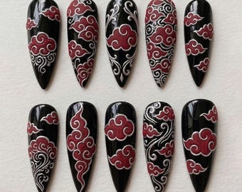 Handmade Anime Gothic Press On Nails | 3D Red Cloud & Swirl Japanese Design | Black Edgy Alt Fashion Almond Set