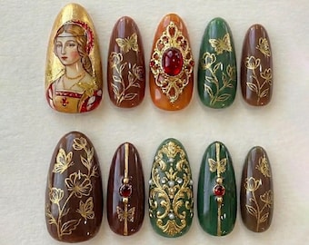 Renaissance Art Press On Nails, Gold Engraved Vintage Nails, Ruby Jewel Elegant Nail Set
