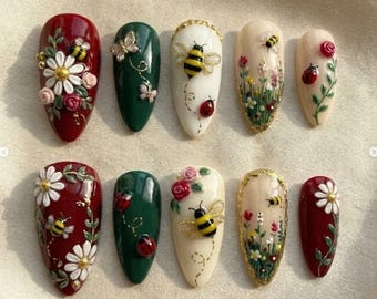 Elegant Flower and Bee Nail Art | Red and Green Press On Nails with Ladybugs