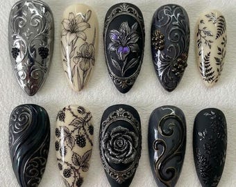 Handmade Gothic Vintage Press On Nails | 3D Black Floral & Ornate Frame Art | Dark Elegant Almond Set
