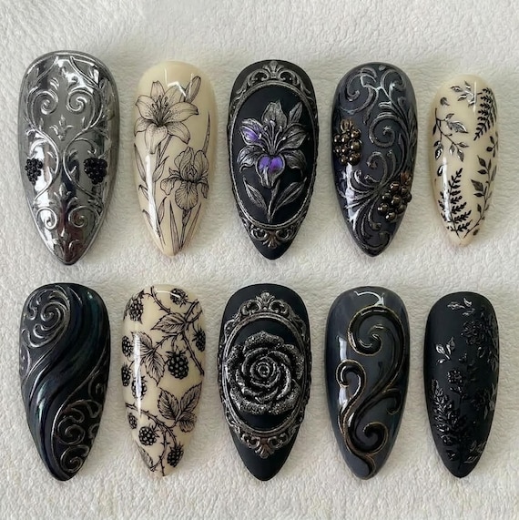 Handmade Gothic Vintage Press On Nails | 3D Black Floral & Ornate Frame Art | Dark Elegant Almond Set