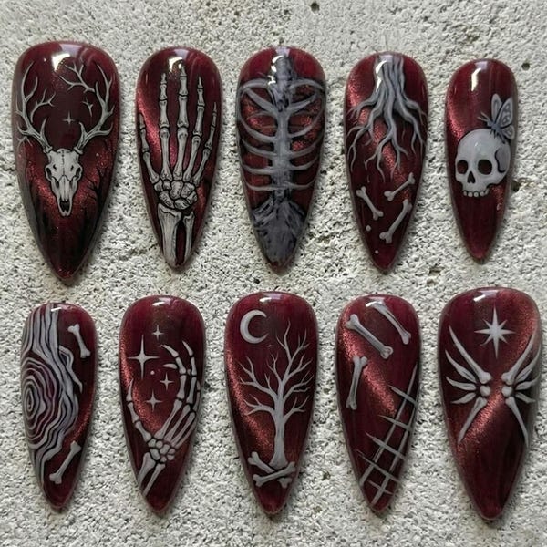 Gothic Skeleton Press On Nails, Burgundy Chrome Nails, Dark Witchy Nail Set, Statement Nails