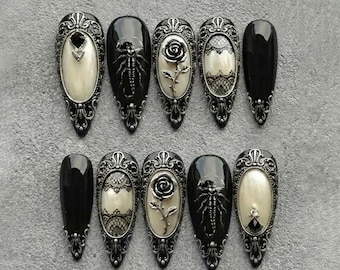 Black Gothic Press On Nails: 3D Rose & Insect Design, Vintage Ornate Frames for Unique Nail Art