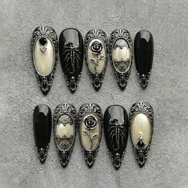 Black Gothic Press On Nails: 3D Rose & Insect Design, Vintage Ornate Frames for Unique Nail Art
