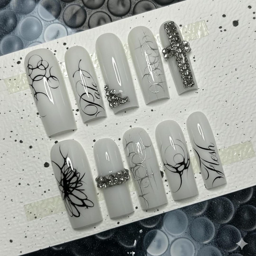 Handmade Gothic Calligraphy Press on Nails | Black Script Lines ...