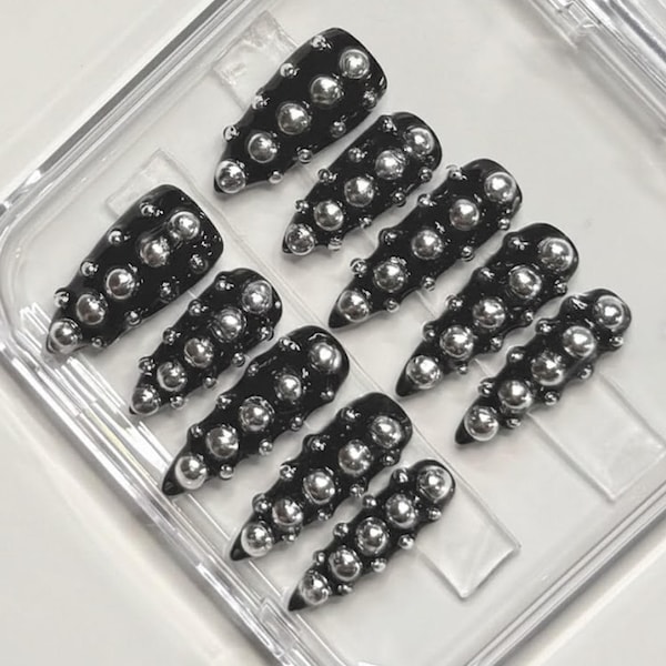 Handmade Y2K Punk Press On Nails | Black Chrome Spiked Stud Nails | Long Stiletto For Alternative Vibes