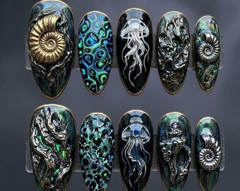 Handmade 3D Deep Sea Gothic Stiletto Press On Nails, Bioluminescent Jellyfish Ocean Nails Dark Fantasy Textured Metallic Nail Art