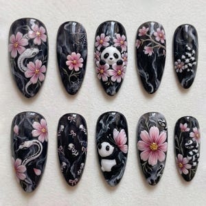 Handmade Panda Sakura Press On Nails | 3D Cherry Blossom & Cute Bear Art | Luxury Black Marble Almond Set