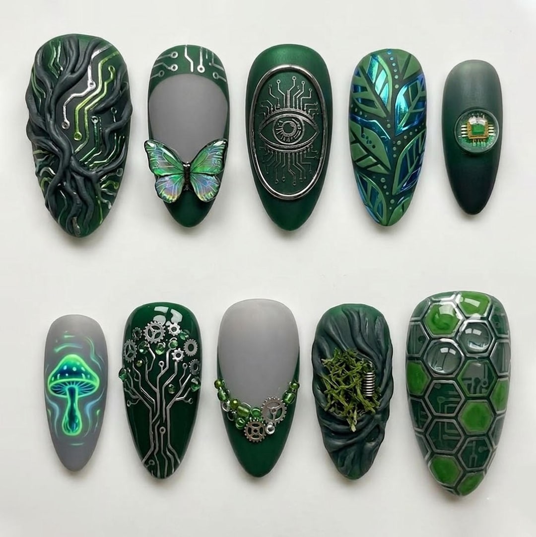Handmade 3D Green Cyberpunk Tech Stiletto Press on Nails, Futuristic ...