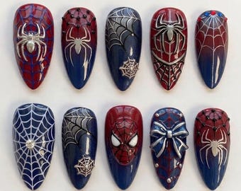 Handmade Spider Hero Inspired Press On Nails| Luxury 3D Spider Web Superhero Art | Red Blue Comic Custom Nails Set