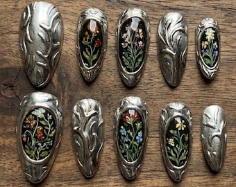 Handmade Press On Nails | Antique Silver Botanical Floral Art | Long Almond Vintage Luxury Nails