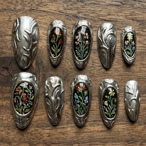 Handmade Press On Nails | Antique Silver Botanical Floral Art | Long Almond Vintage Luxury Nails