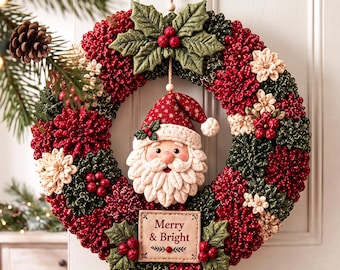 May include: A circular Christmas wreath featuring red, dark green, and cream-colored fabric flower accents. A fabric Santa Claus ornament hangs in the center, and a rectangular sign at the bottom displays the text Merry & Bright.