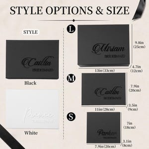 May include: Rectangular gift boxes in black and white with custom names and titles printed on the lids. Sizes include large 13in by 9.8in by 4.7in, medium 11in by 7.9in by 3.5in, and small 7.9in by 7in by 3.1in, labeled as Style Options & Size.