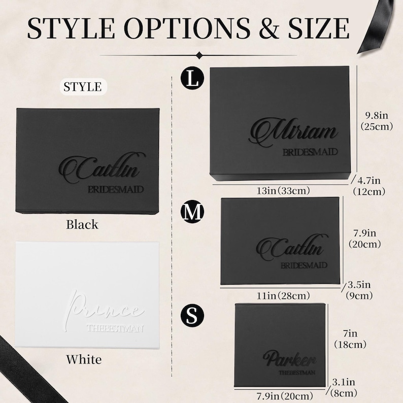May include: Rectangular gift boxes in black and white with custom names and titles printed on the lids. Sizes include large 13in by 9.8in by 4.7in, medium 11in by 7.9in by 3.5in, and small 7.9in by 7in by 3.1in, labeled as Style Options & Size.