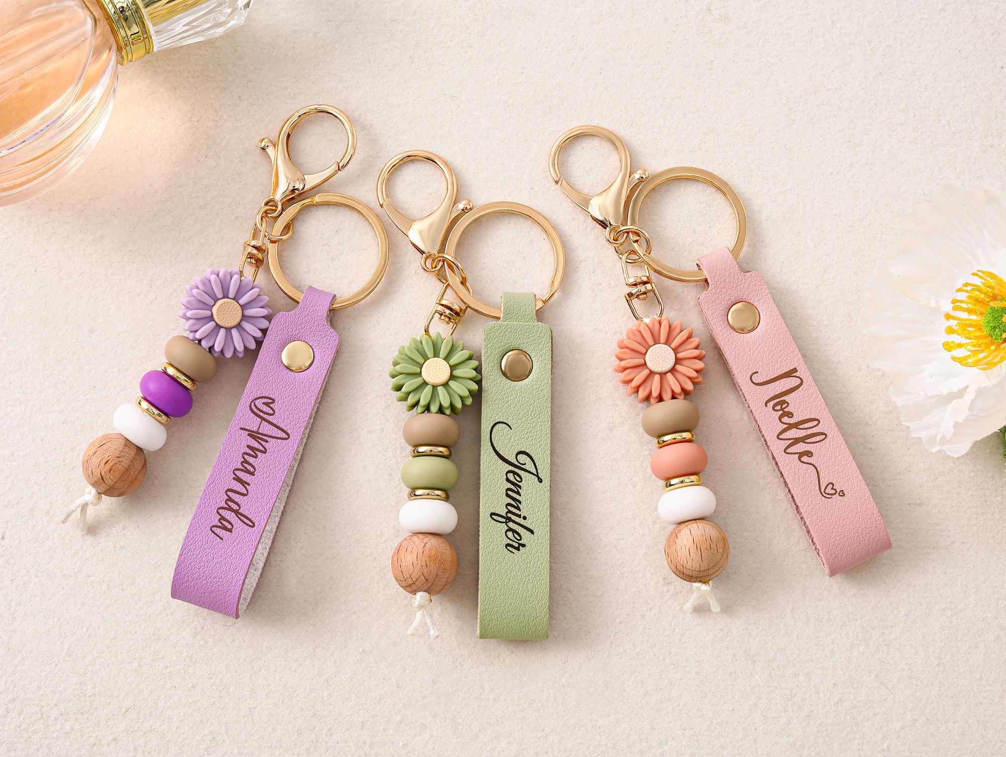 Personalised Name Keyring,handmade Daisy Beaded Keyring,cute Custom Bag ...