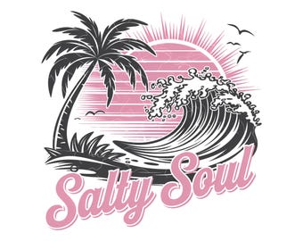 May include: A black and white graphic with a palm tree, island, and a large wave, with a pink sunset in the background. The text "Salty Soul" is in pink script below the wave. Three birds are flying in the sky.
