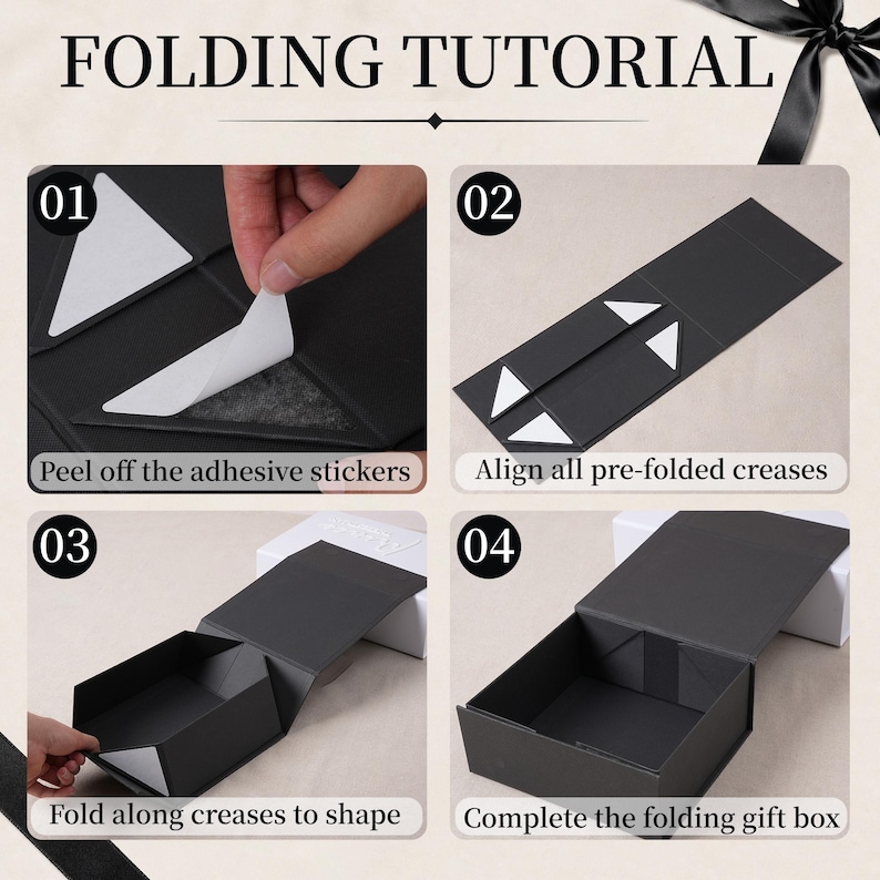 May include: A four-step folding tutorial for a black gift box. Step 01 shows peeling off adhesive stickers. Step 02 shows aligning pre-folded creases. Step 03 shows folding along creases to shape. Step 04 shows the completed folding gift box.