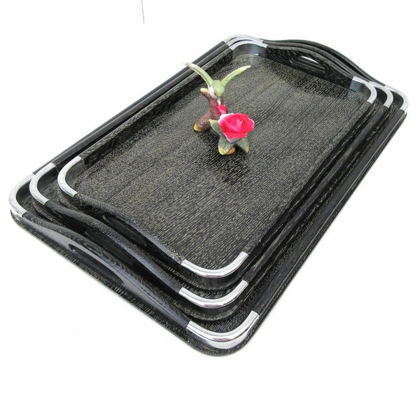 Mid Century Trays / Nesting Wood Trays, Wooden Tray with Handles / Nasco Japan,  Set of 3 – Black Silver