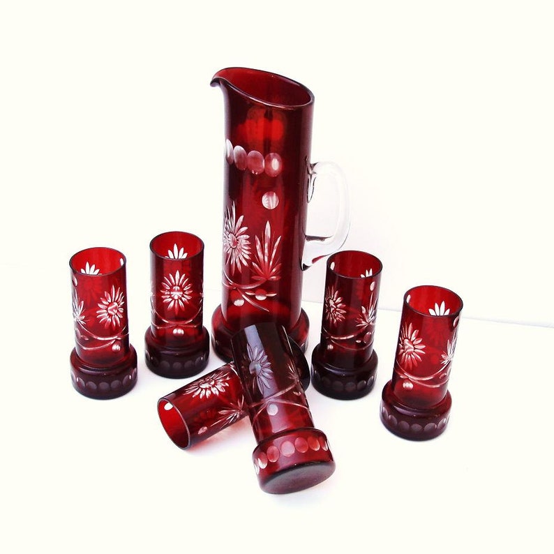 Glass Pitcher Set Ruby Red Glassware Antique Cut Glass Art Etsy