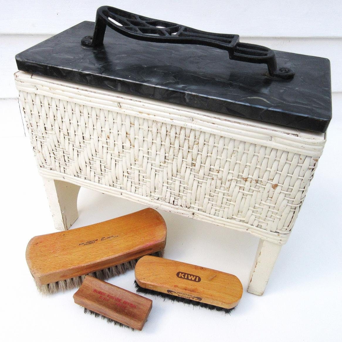Vintage Shoe Shine Kit Valet Box Wicker Basket with Lid Etsy