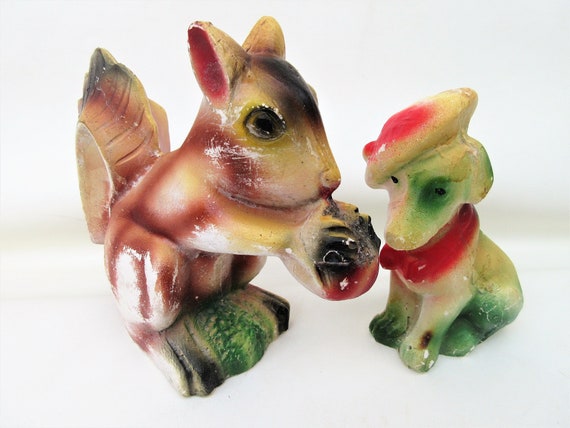 Vintage Chalk Animal Door Stop Chalkware Dog And Squirrel Etsy