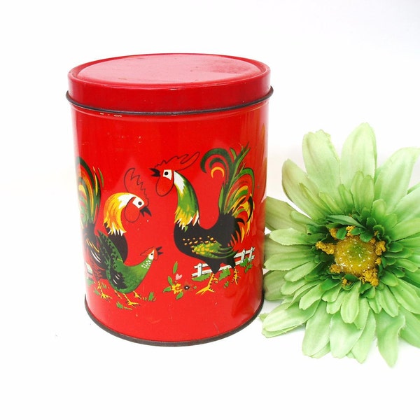 Vintage Coffee Canister Rooster Tin Storage Box Red Rustic Farmhouse - As Is