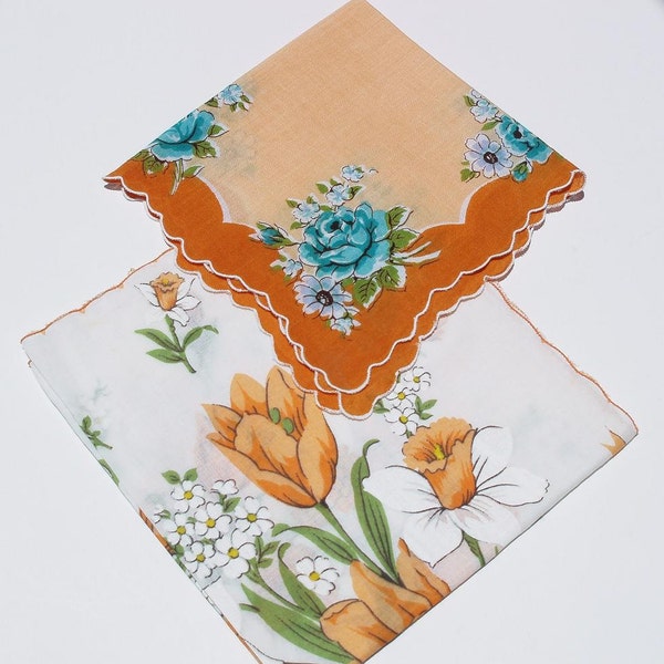 Hankies, Vintage Ladies Handkerchiefs, Orange and Blue Hankies