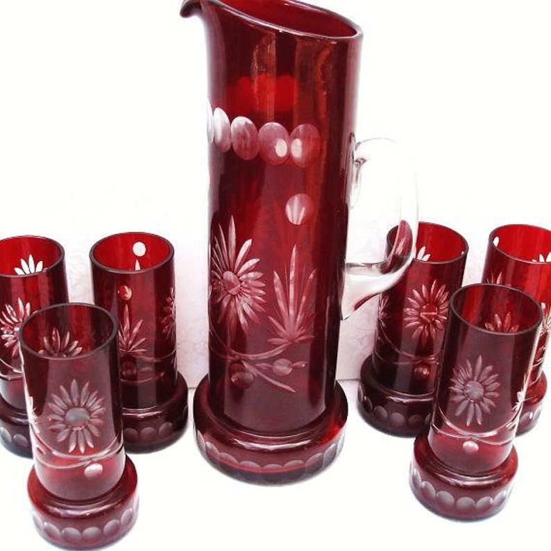 Glass Pitcher Set Ruby Red Glassware Antique Cut Glass Art Etsy