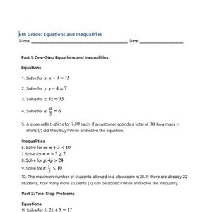 May include: A white worksheet titled "6th Grade: Equations and Inequalities" with sections on one-step equations, inequalities, and two-step problems. Includes space for a name and date.