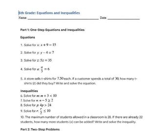 Practice Equations and Inequalities, Answer key included, 6th Grade Math (PDF) Worksheet